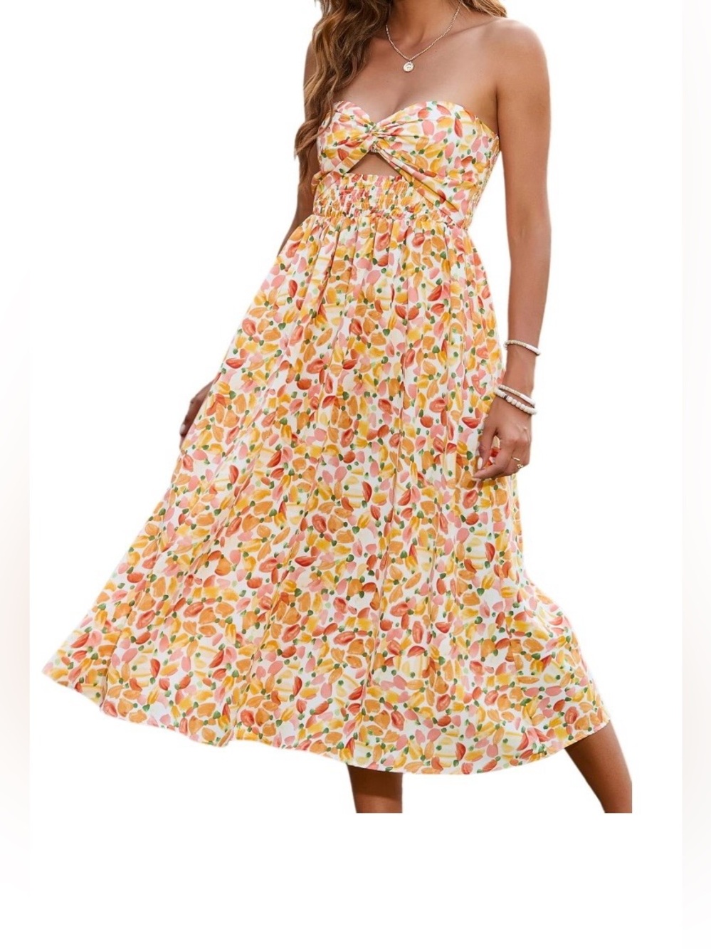 Just Quella Strapless Twist Front Front Cutout Smocked Maxi Dress Small Floral